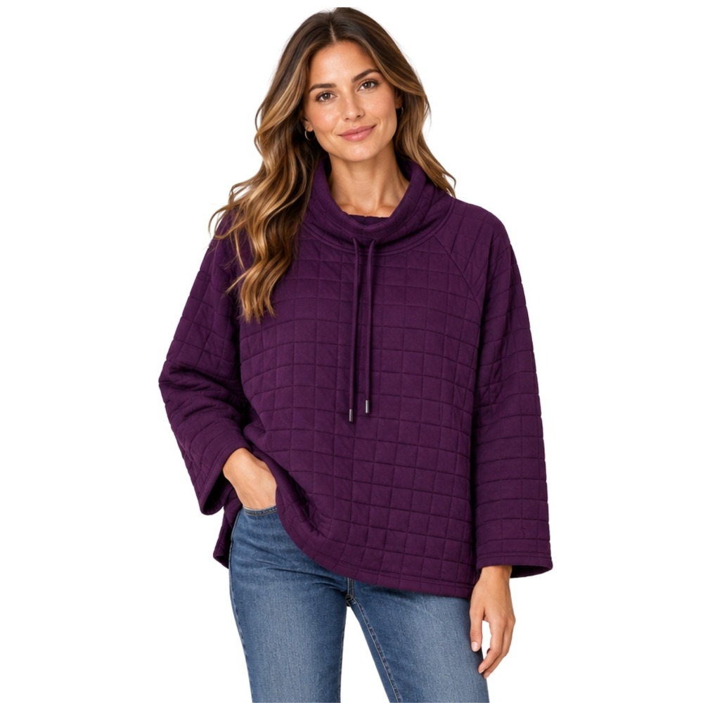 T by Talbots Quilted Funnel Neck Drawstring Pullover Sweater  2X Petite Purple
